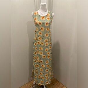VTG 90s SetUp Green & Cream Daisy Floral Print Maxi Dress With Side Slits - 10